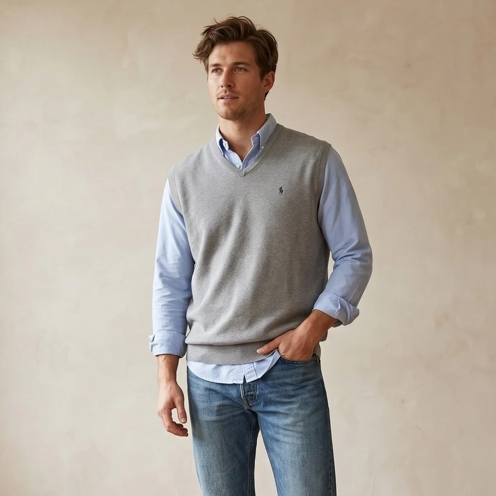 Vintage Polo‎ Golf Ralph Lauren Vest Mens XL Grey V-Neck Sweater Golfcore Preppy